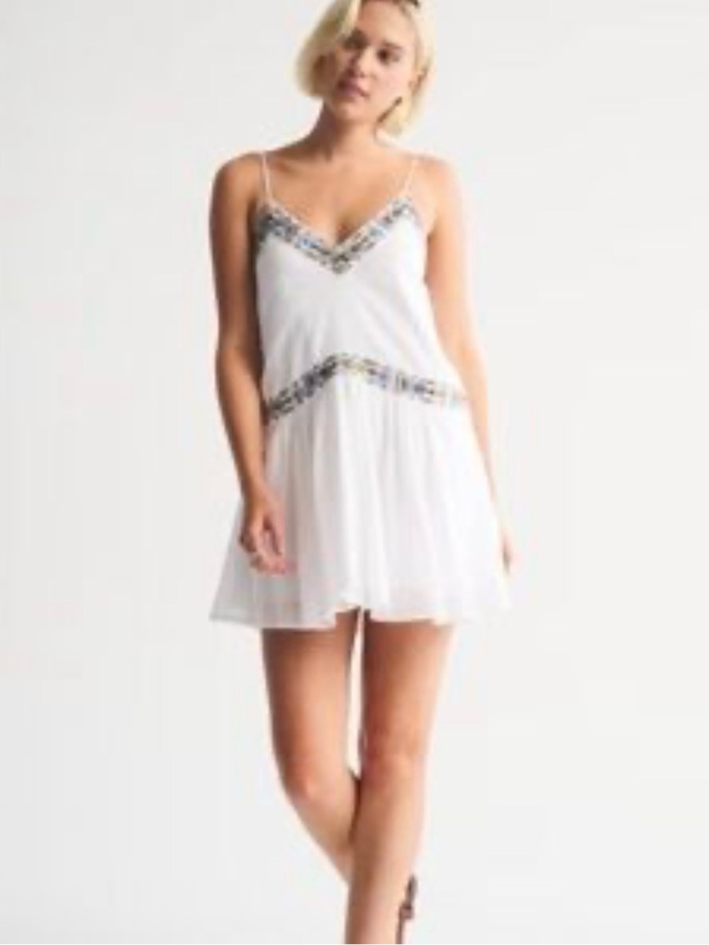 Abercrombie & Fitch White Embellished Spaghetti-Strap Mini Dress